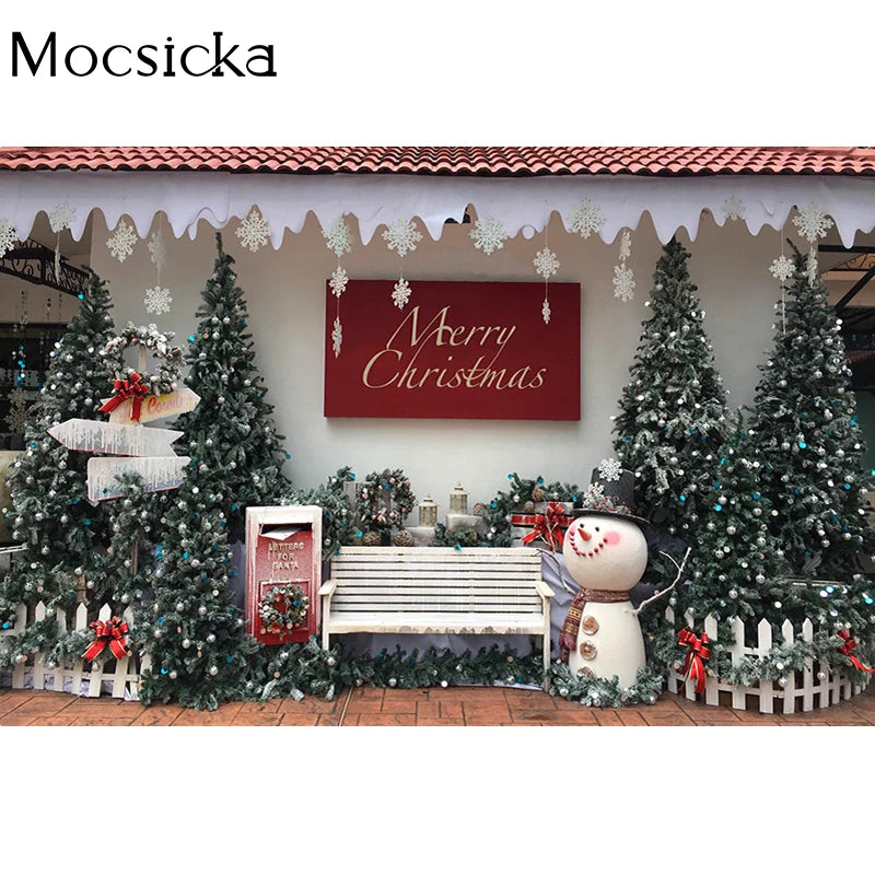Christmas Photography Background Christmas Tree Snowman Bench Decoration Props Child Portrait Photo Backdrop Studio