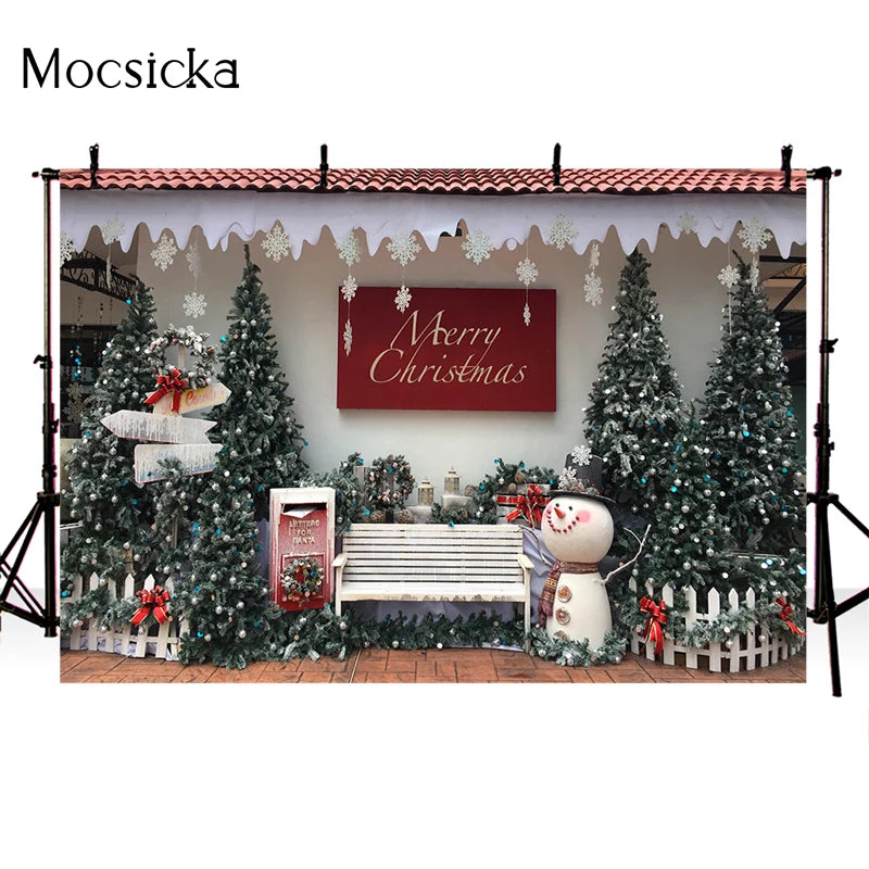 Christmas Photography Background Christmas Tree Snowman Bench Decoration Props Child Portrait Photo Backdrop Studio