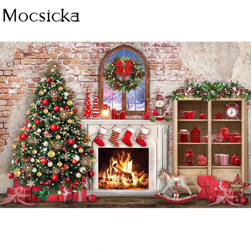 Christmas Fireplace Photography Backdrops Cupboard Window Xmas Trees Brick Wall Kids Portrait Background Photo Studio Photocall