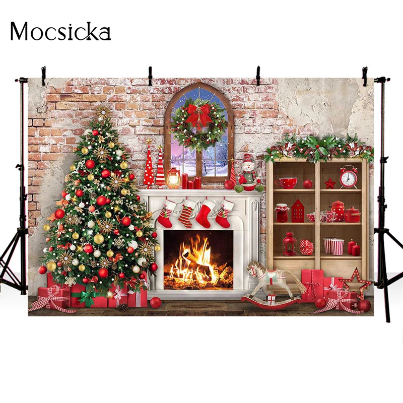 Christmas Fireplace Photography Backdrops Cupboard Window Xmas Trees Brick Wall Kids Portrait Background Photo Studio Photocall