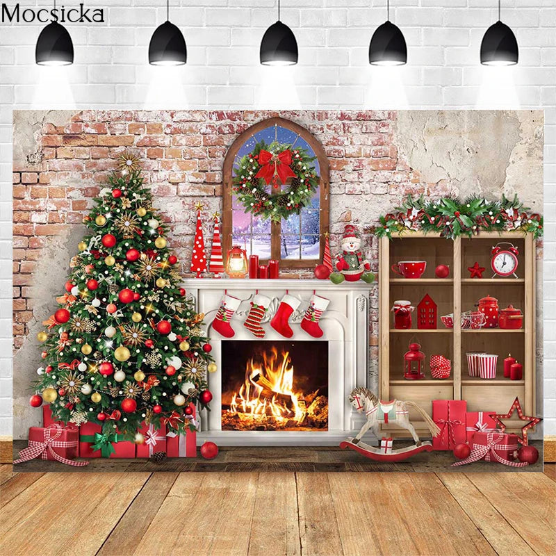 Christmas Fireplace Photography Backdrops Cupboard Window Xmas Trees Brick Wall Kids Portrait Background Photo Studio Photocall